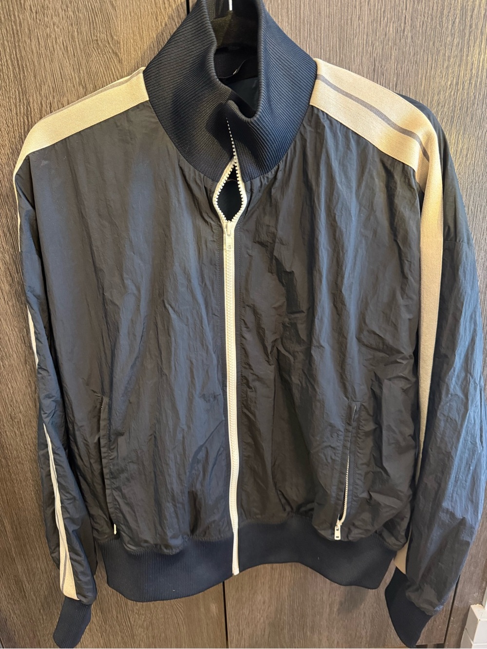 Palm Angels Black Windbreaker with Cream Stripes